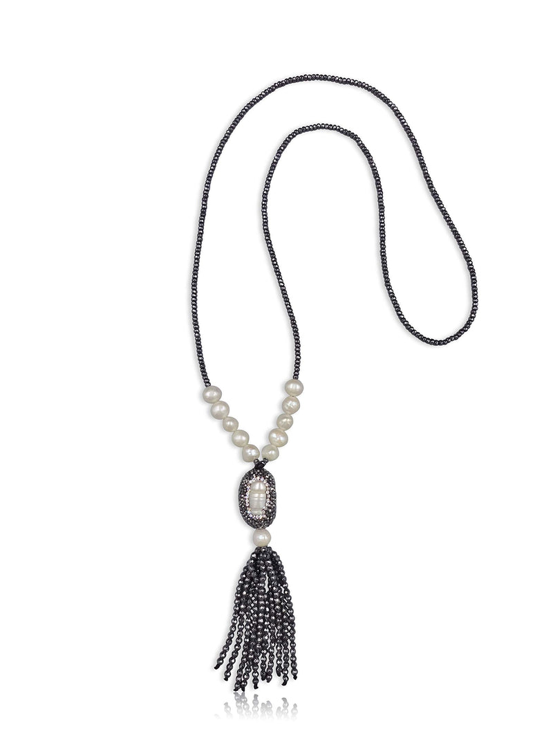 [Australia] - MGR MY GEMS ROCK! Cultured Fresh Water Pearl with Pearl-Druzy Pave Pendant and Hematite Tassel Necklace 