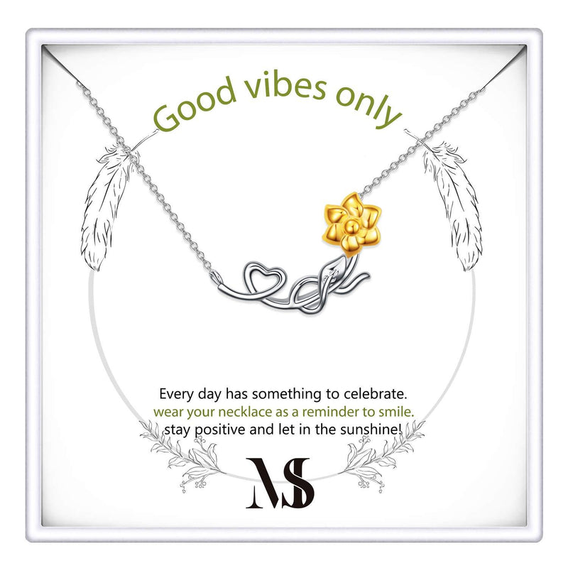[Australia] - SOULMEET Sunflower Necklace Heart 100 Languages I Love You Good Vibes Only Gifts for Women Girls, Sterling Silver Dainty Jewelry Christmas Birthday Mother's Day Graduation Spiritual Necklace Wild Sunflower 