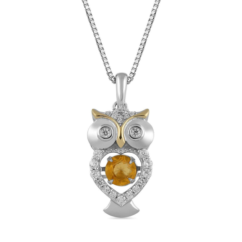 [Australia] - Jewelili 14K Yellow Gold Plated Sterling Silver 5mm Citrine and Created White Sapphire Owl Pendant Necklace, 18" Rolo Chain 