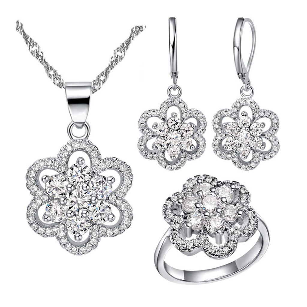 [Australia] - Uloveido Women's Platinum Plated Cubic Zirconia Flower Pendant Necklace Hoop Earrings and Rings Set Crystal Wedding Jewelry T489 White 9 