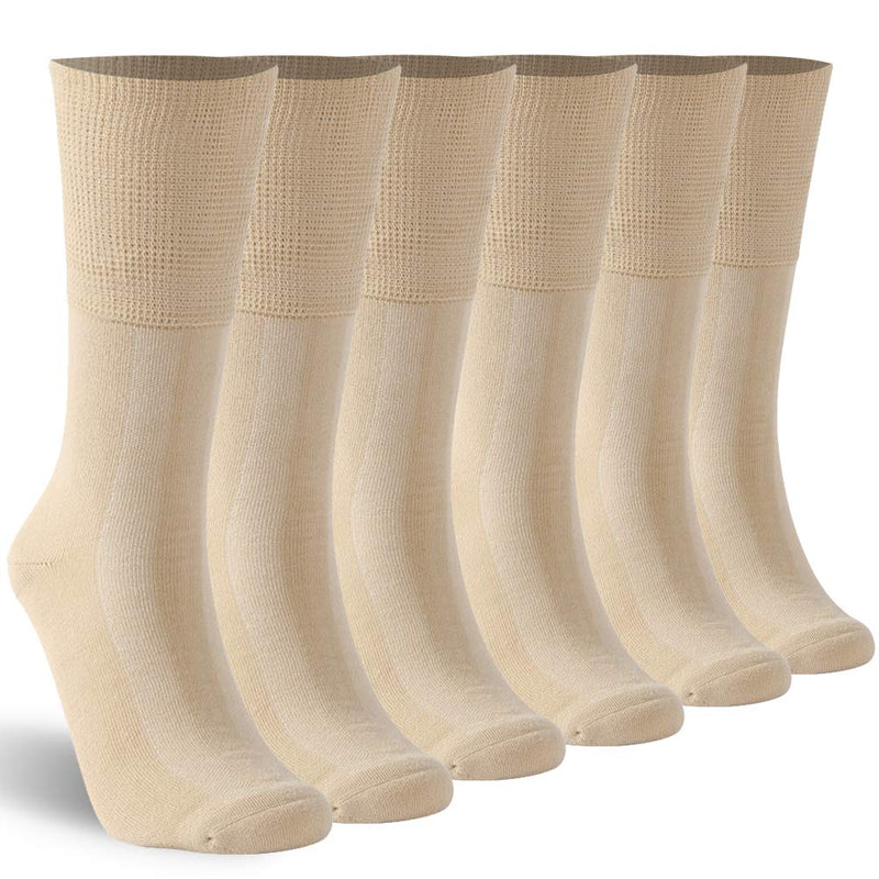 [Australia] - KitNSox Diabetic Crew Socks Mens Womens Cotton Seamless Cushion Non Binding Socks 1/3/6 Pack M/L/XL 6 Pack Beige Medium 