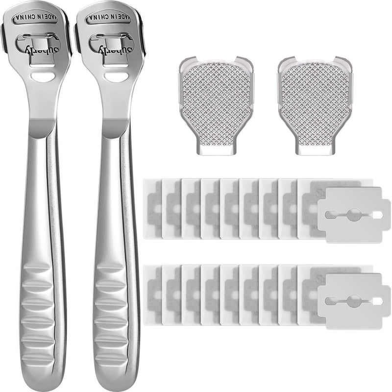 [Australia] - 24 Pieces in Total, 2 Callus Shaver Sets Include 20 Replacement Slices 2 Callus Shavers and 2 Foot File Heads Foot Care Tools Steel Handle Hard Skin Remover for Hand Feet (Grooved Handle) 