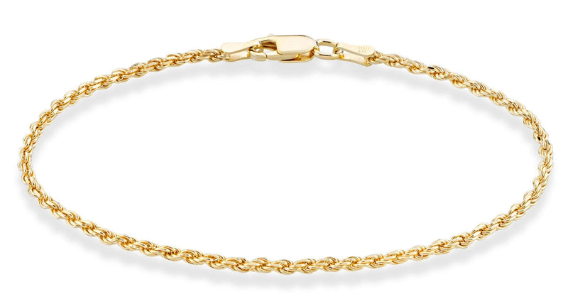 [Australia] - Miabella 18K Gold Over Sterling Silver Italian 2mm, 3mm Diamond-Cut Braided Rope Chain Bracelet for Men Women 6.5, 7, 7.5, 8, 8.5 Inch Solid 925 Made in Italy 2mm, Length 6.5 Inches (X-small) 