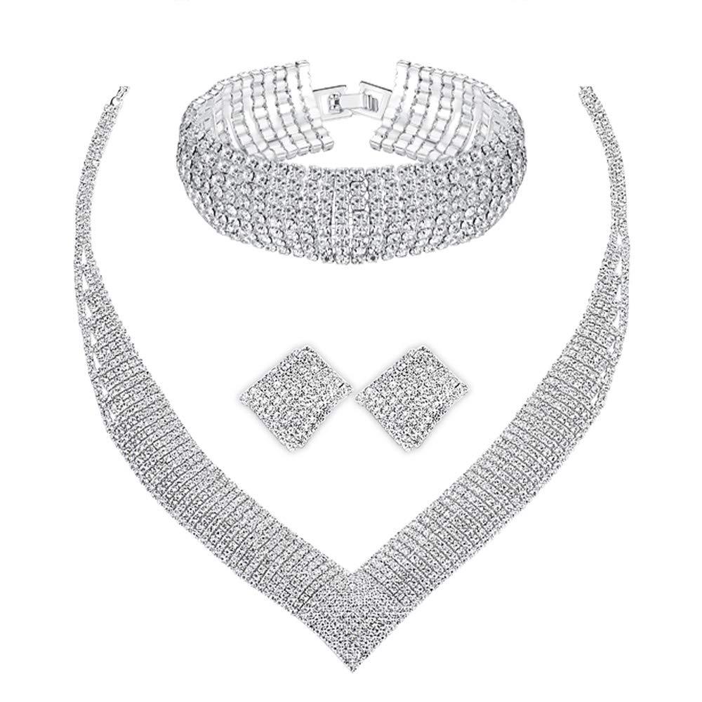 [Australia] - mecresh Women's Wedding Bridal Austrian Crystal Necklace Earrings Bracelet Jewelry Set Gifts fit with Wedding Dress A-necklace earrings bracelet set 