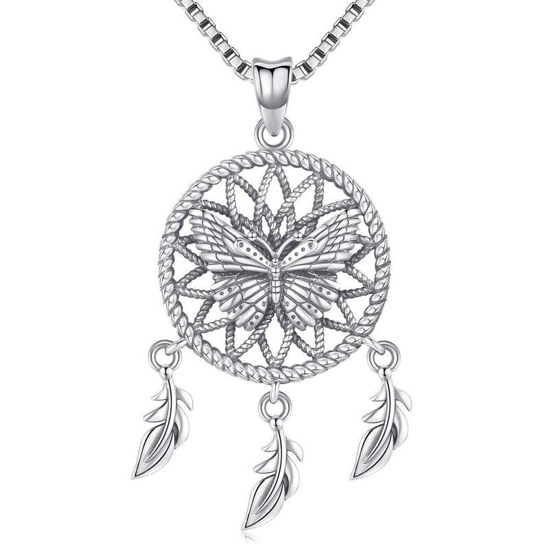 [Australia] - Aniu Butterfly Dream Catcher Necklace for Women, S925 Sterling Silver Feathers Girls Pendant (with Gift Box and 18 Inch Chain) 