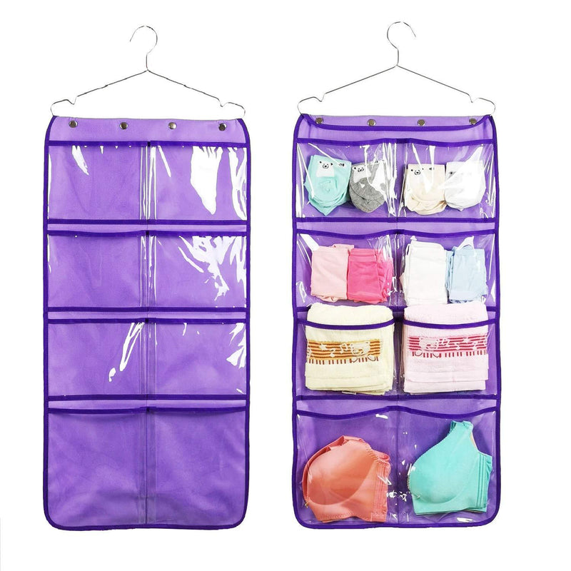 [Australia] - NIMES Durable Hanging Closet Underwear Sock Bra Stocking Organizer Dual-Sided Accessories Storage with 16 Large Clear Pockets (Purple) Purple 