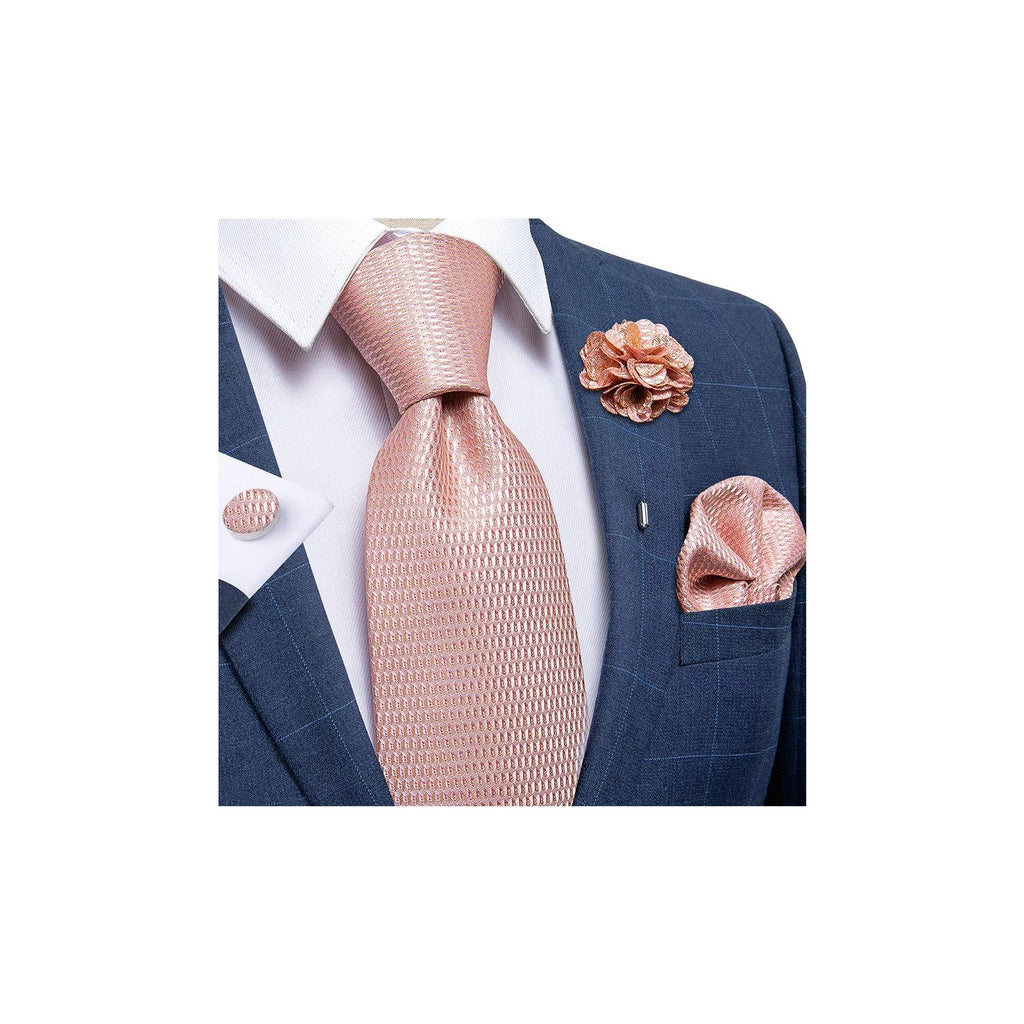 [Australia] - DiBanGu Silk Tie Woven Handkerchief Men's Necktie and Lapel Pin Brooch Set Paisley Plaid Solid Floral 01 Blush Pink 