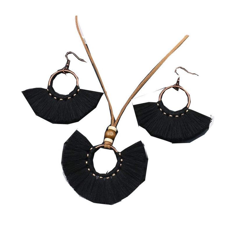 [Australia] - GaFree Colorful Fringe Tassel Necklace Earring Set Bohemia Handmade Drop Pendant Jewelry Sets for Women and Girls Black 