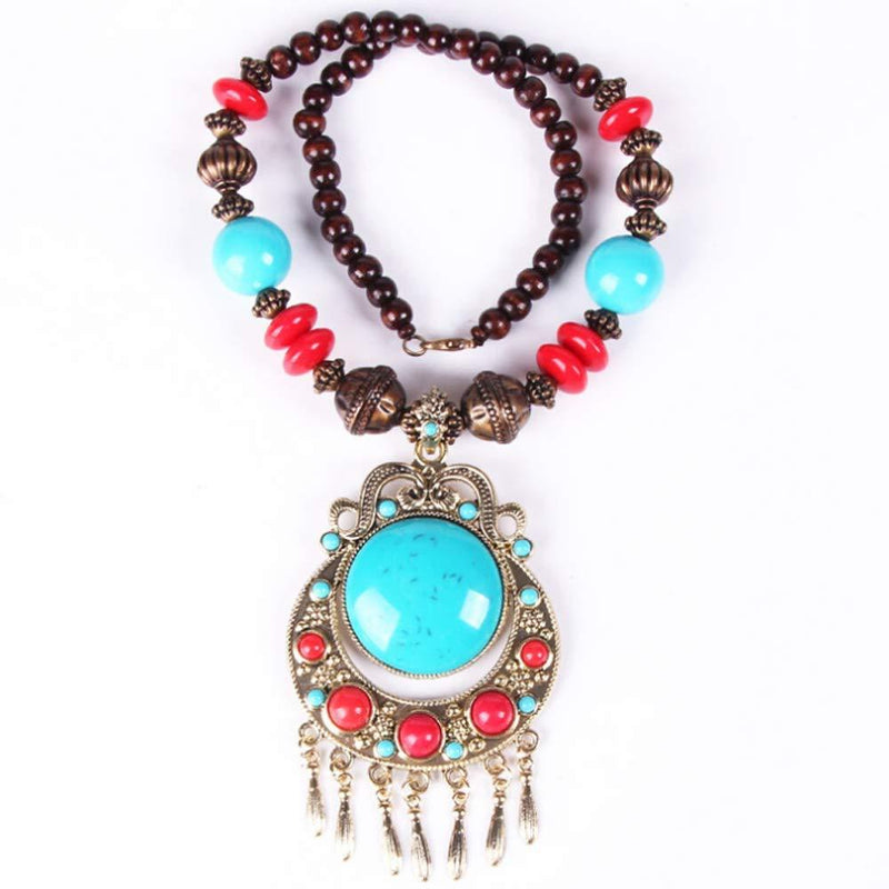 [Australia] - HSQYJ Fashion Wood Beaded Turquoise Pendant Necklace Retro Bohemian Necklaces Charm Pendant Boho Necklace for Women Girl Costume Jewelry Blue pendant necklace 