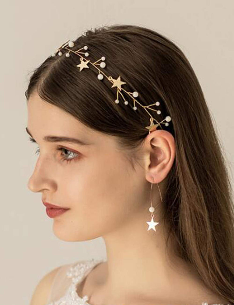 [Australia] - BERYUAN Sequins Pearl Star Headband Earrings Set Gold Wedding Hair Accessories Tassel Star Pendant Jewelry for Her Gift for Women Girls (Gold) 