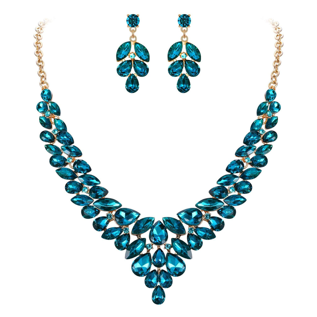 [Australia] - BriLove Wedding Bridal Jewelery Set for Women Crystal Teardrop Marquis Cluster Statement Necklace Dangle Earrings Blue Topaz Color Gold-Tone 