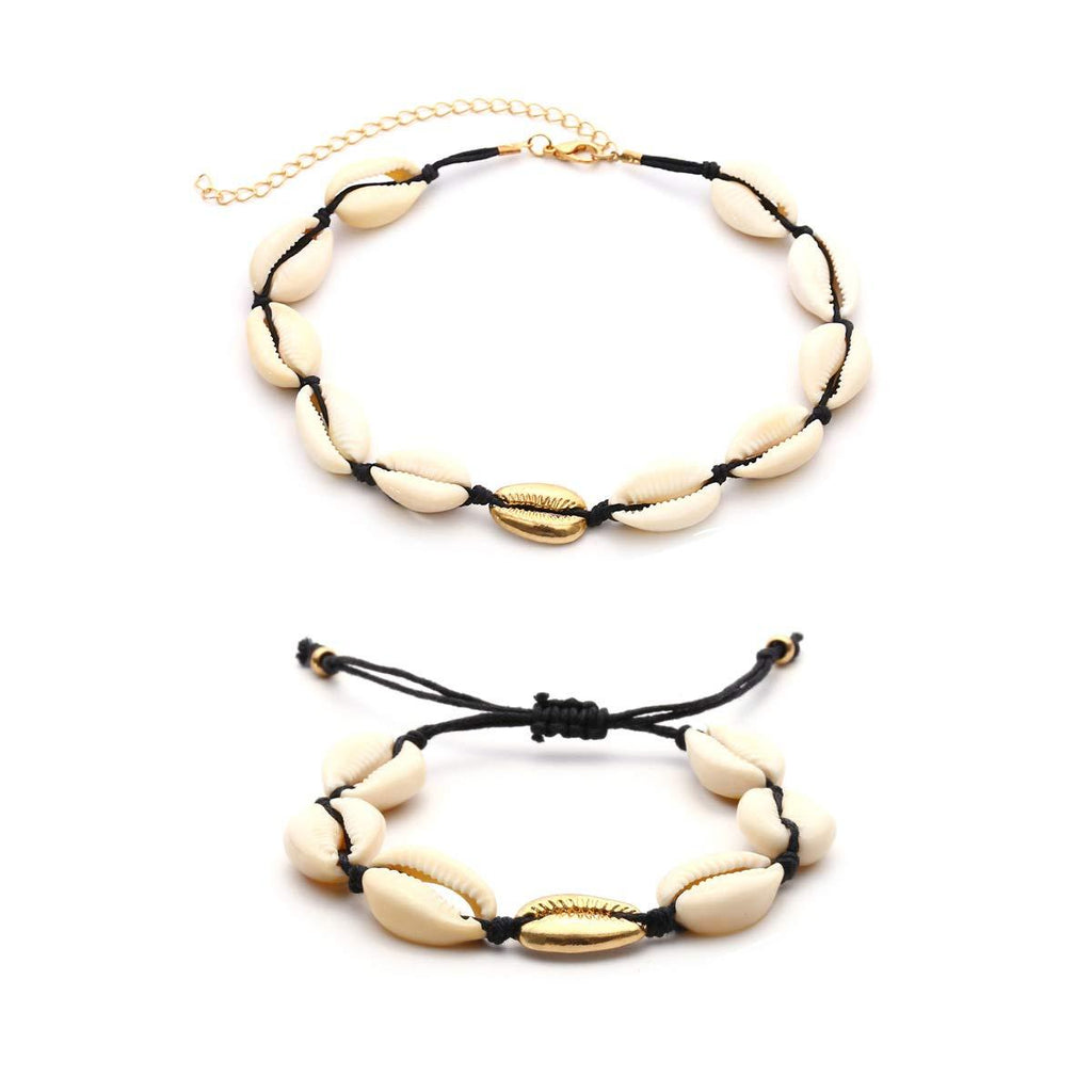 [Australia] - BEUXEL Natural Shell Choker Necklace Bracelet Set for Women and Girls, Hawaii Bohemian Style Beach Jewelry Made with Handpicked Cowrie Shell and Handmade Rope Black and Gold 
