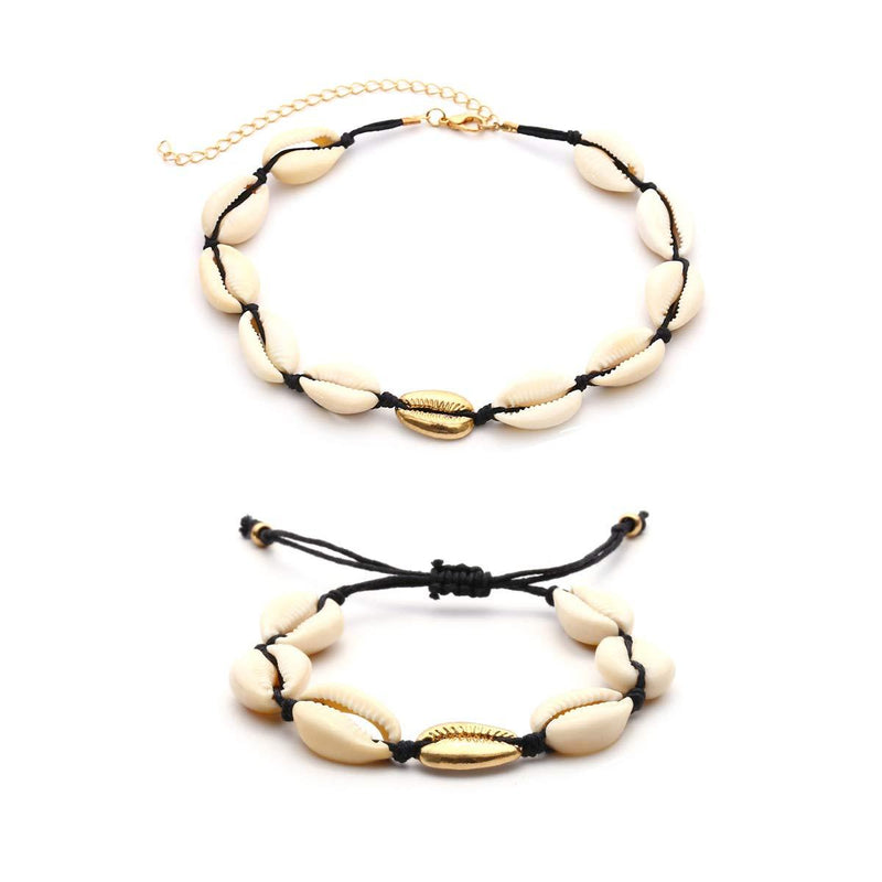 [Australia] - BEUXEL Natural Shell Choker Necklace Bracelet Set for Women and Girls, Hawaii Bohemian Style Beach Jewelry Made with Handpicked Cowrie Shell and Handmade Rope Black and Gold 