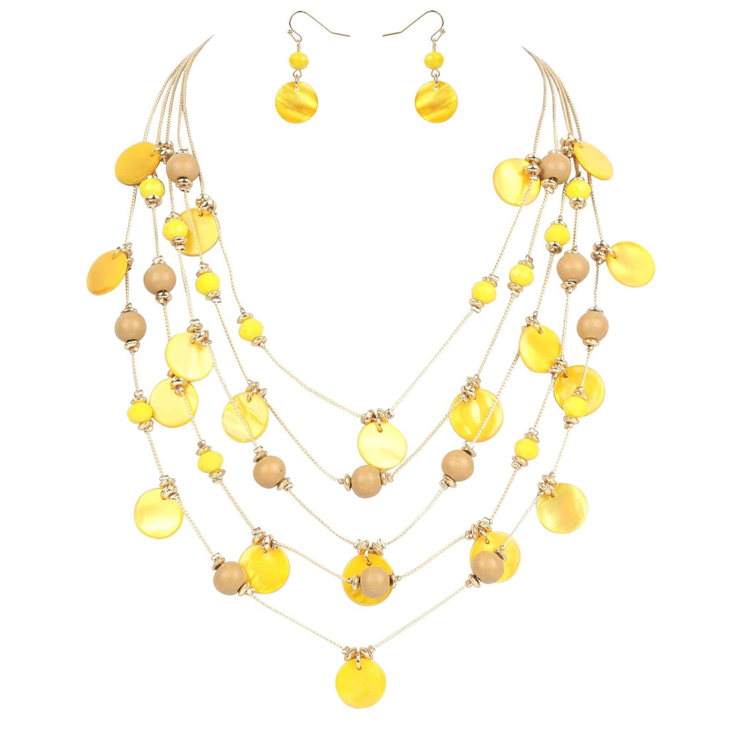 [Australia] - Firstmeet Handmade Multi-Layer Round Shell Wooden Beads Necklace with Earrings Yellow 