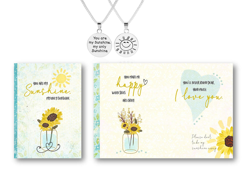 [Australia] - Smiling Wisdom - You are My Sunshine Sun Face Necklace Gift Set - Happy Greeting Card - For Woman, Sister, Daughter, Mother, Teen Girl - Double Sided Round - Silver - New 