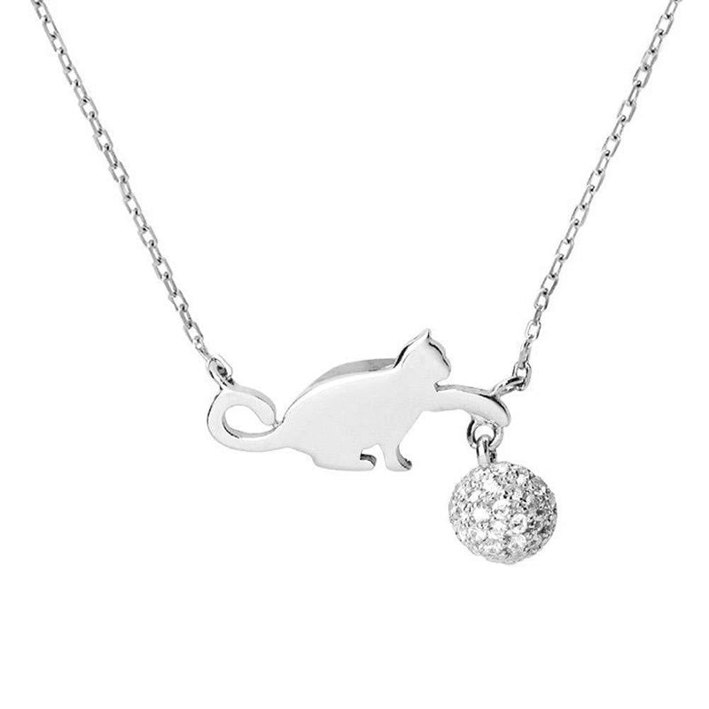 [Australia] - Cute Cat Necklace Crystal Ball Pendant Choker Necklace for Women Teens Baby Girls S925 Sterling Silver Small Polished CZ Diamond Cluster Charm Chain 18" Hypoallergenic Lovely Jewelry 