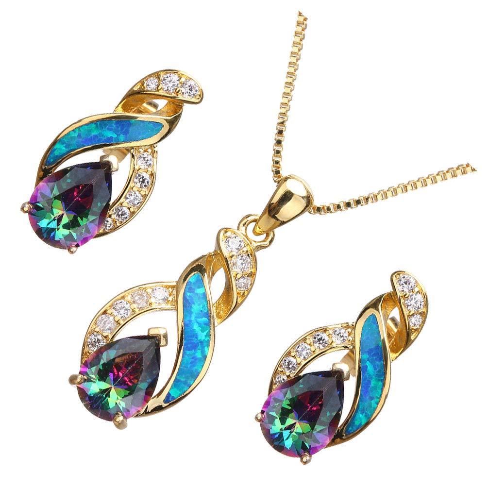 [Australia] - Hermosa Opal Jewelry Set Women Pendant Necklace Stud Earrings Sapphire Rainbow Mystic Topaz with 18" Chain Opal 24 