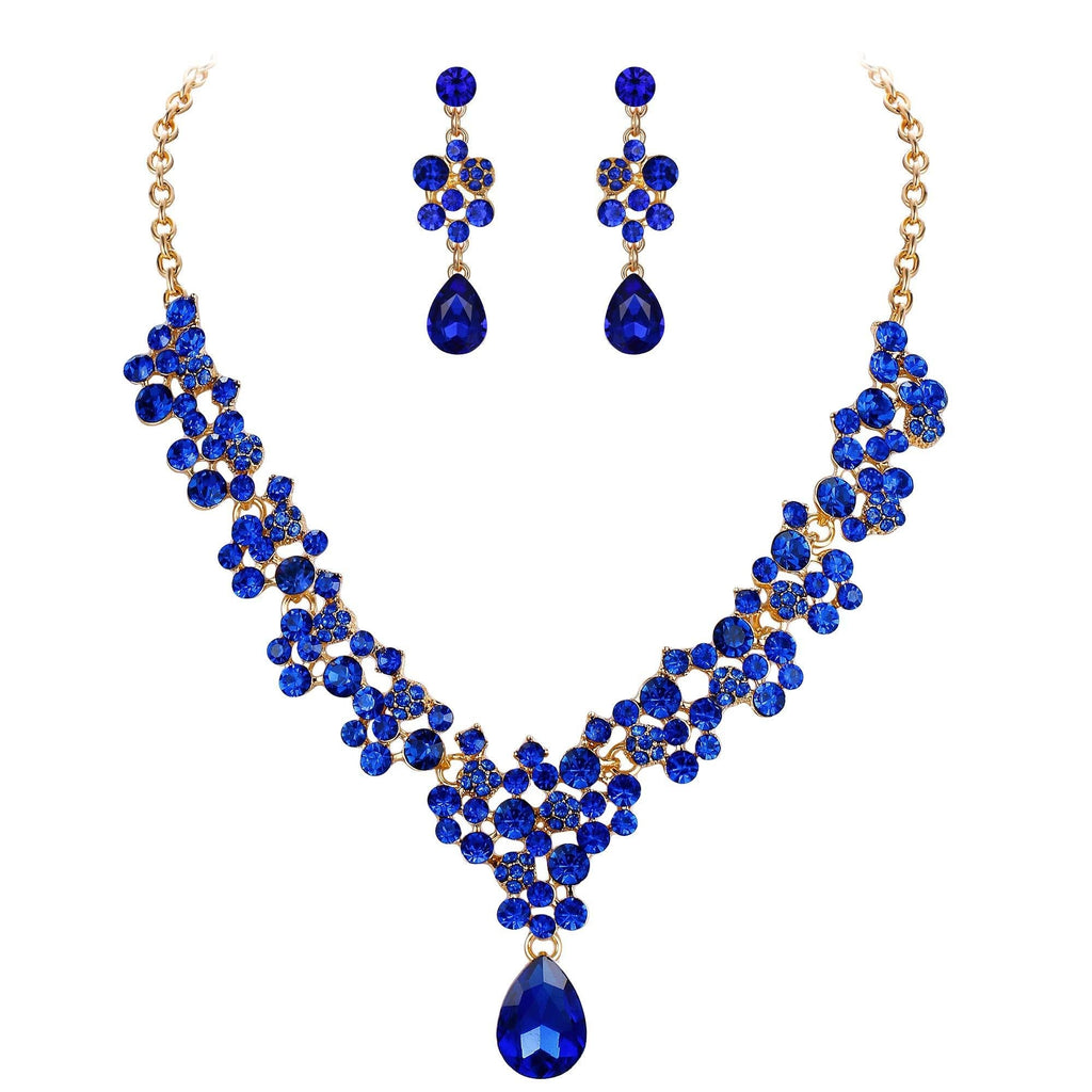 [Australia] - BriLove Wedding Bridal Jewelery Set for Women Crystal Bling Rhinestone Beaded Cluster Statement Necklace Dangle Earrings Royal Blue Color Gold-Tone 