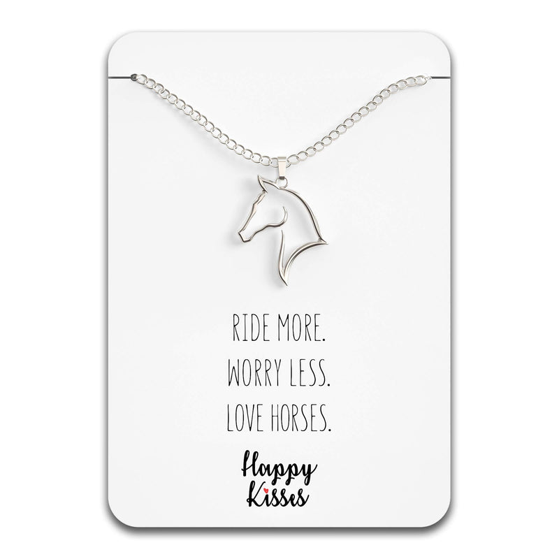 [Australia] - Happy Kisses Horse Necklace – Horse Gift for Horseback Riders – Cute Outline Pendant for Women & Girls - Sweet Message Card Silver 