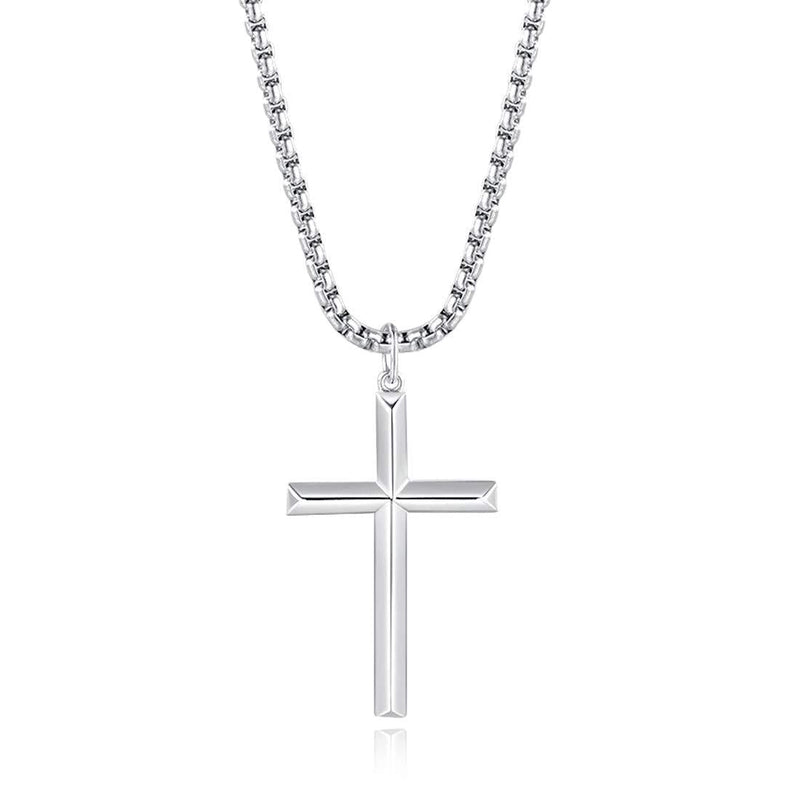 [Australia] - FANCIME Yellow/White Gold Plated 925 Solid Sterling Silver Polished Big Beveled Edge Men's Crucifix Cross Pendant Long Necklace Fine Jewelry For Men Boys, Strong Stainless Steel Box Chain Length 22" Silver Beveled Edge 