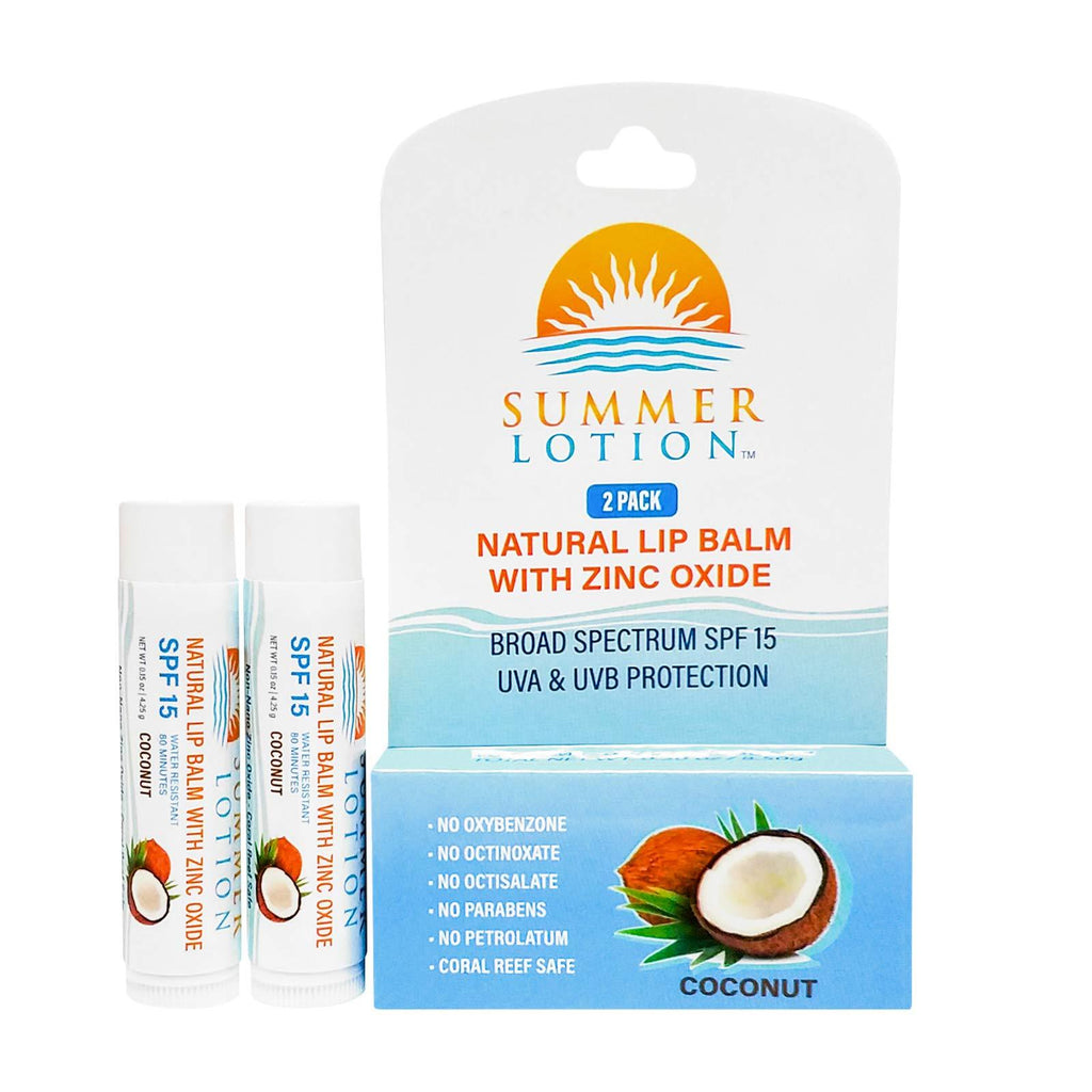 [Australia] - Natural Lip Balm with Zinc Oxide Sunblock by Summer Lotion, SPF 15 Lip Sunscreen 2-Pack, Water Resistant Chapstick, SPF Lip Protection for Everyone, (Coconut) Coconut 