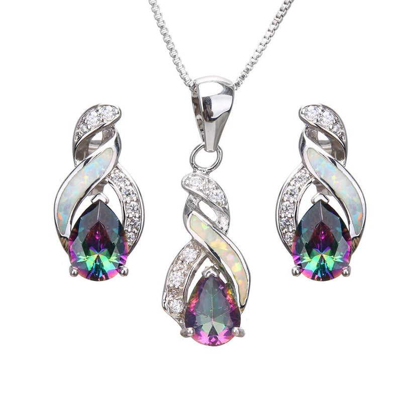 [Australia] - Hermosa Jewelry Sets Australian Opal Blue Sapphire Necklace Earrings JS1 