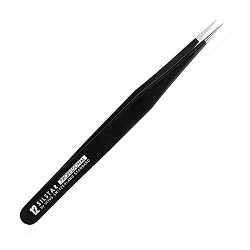 [Australia] - SILSTAR PROFESSIONAL PERFECTION POINT TWEEZER 12, Tweezers - with Protective Zip Pouch - Best Tool for Men and Women (BLACK) 