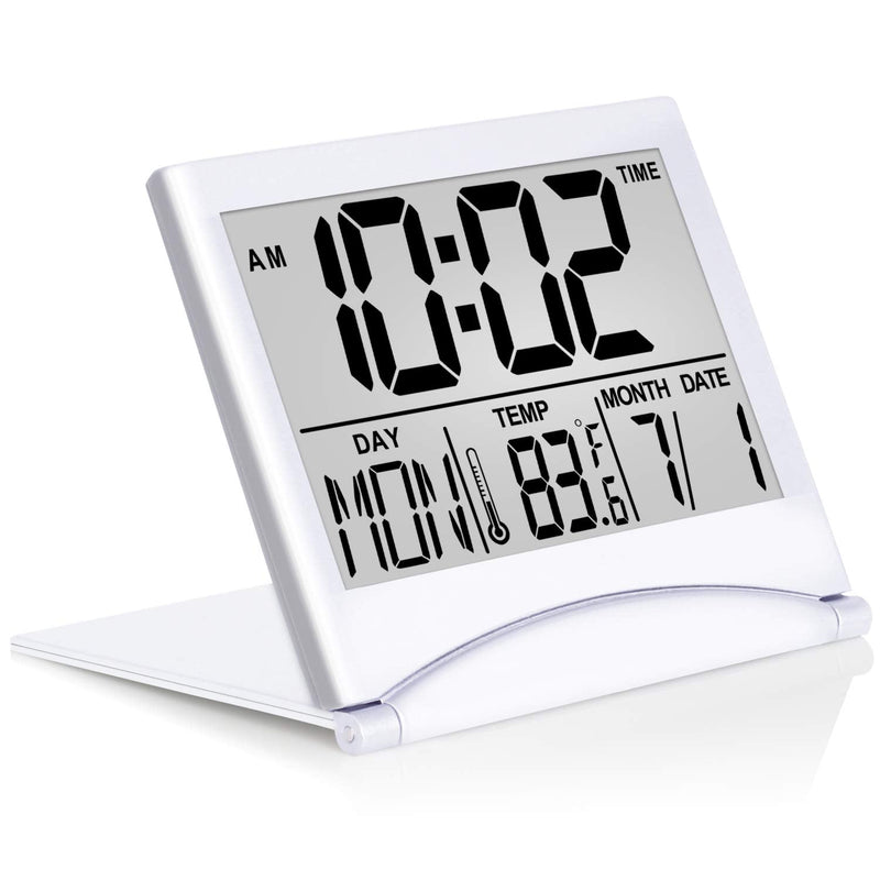 [Australia] - Betus Digital Travel Alarm Clock - Foldable Calendar Temperature Timer LCD Clock with Snooze Mode - Large Number Display, Battery Operated - Compact Desk Clock for All Ages (Silver) Silver 