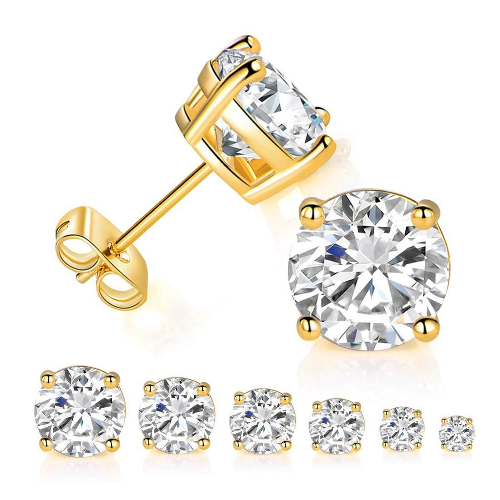 [Australia] - 6 Pairs 14K Yellow Gold Plated Round Cut Clear Cubic Zirconia Stud Earring Pack 6pcs gold earring packing 