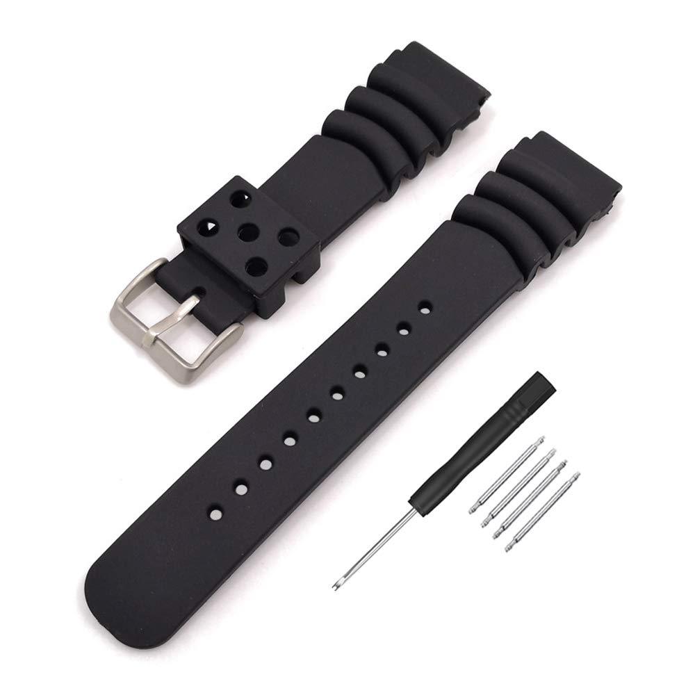 [Australia] - Narako Black Silicone Rubber Curved Line Watch Band 18mm 20mm 22mm 24mm Fit for Seiko Watches Extra Long Replacement Divers Model Sport Watch Strap for Men and Women 