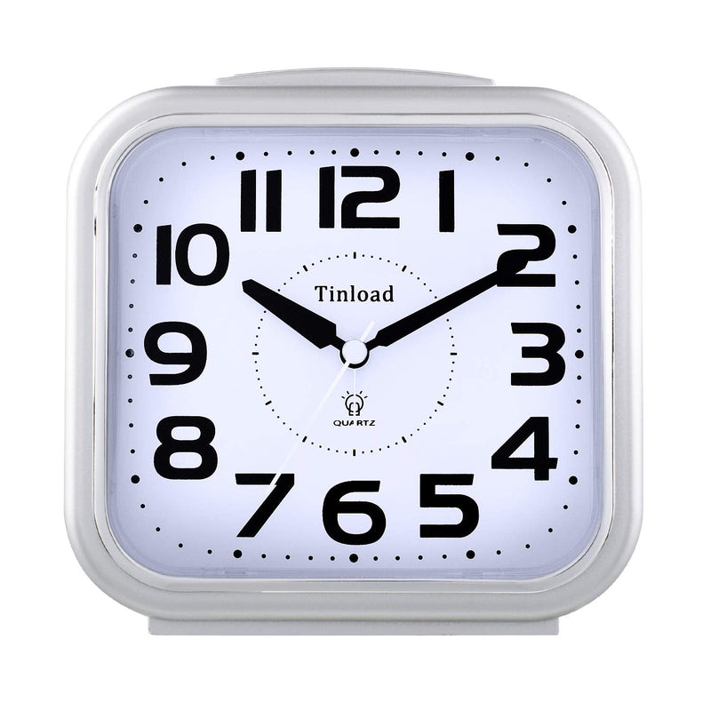 [Australia] - 5.5" Silent Analog Alarm Clock Non Ticking, Gentle Wake, Beep Sounds, Increasing Volume, Battery Operated Snooze and Light Functions, Easy Set, Silver 
