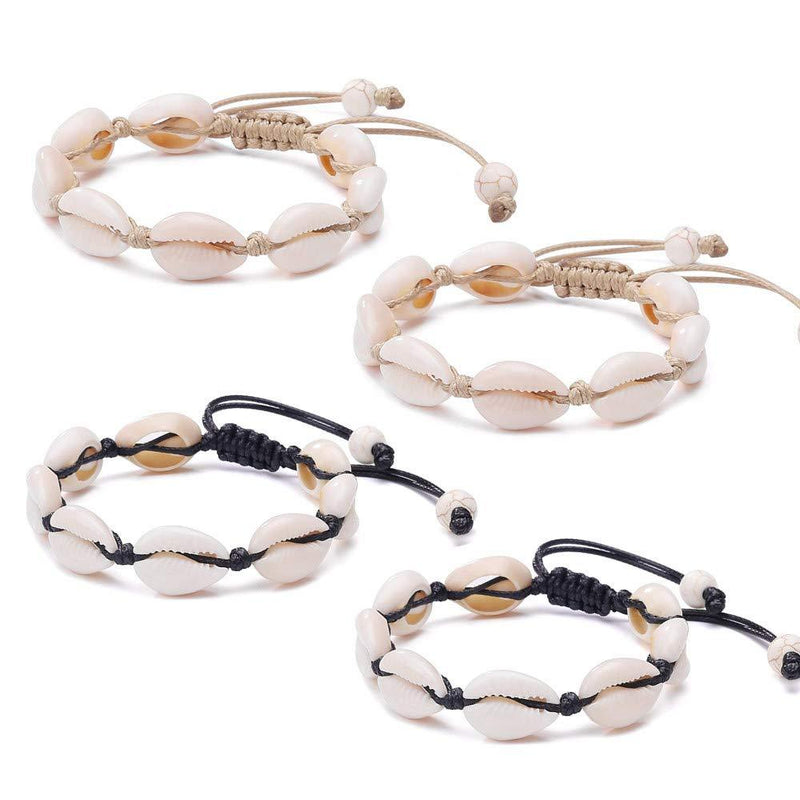 [Australia] - 4 Pack Adjustable Shell Bracelets Anklets Set Natural Cowrie Shell Beads Puka Seashells Ankle Jewelry for Men Women 