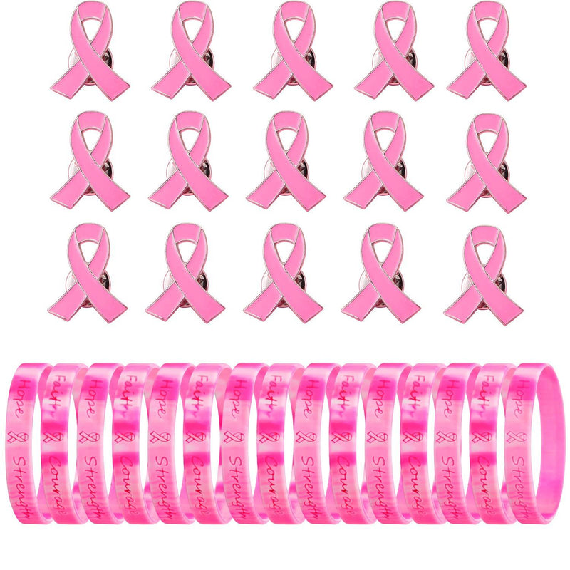 [Australia] - Yaomiao Breast Cancer Awareness Lapel Pins and Pink Ribbon Bracelets Faith Strength Courage Wristbands for Charity Public and Social Event 60 