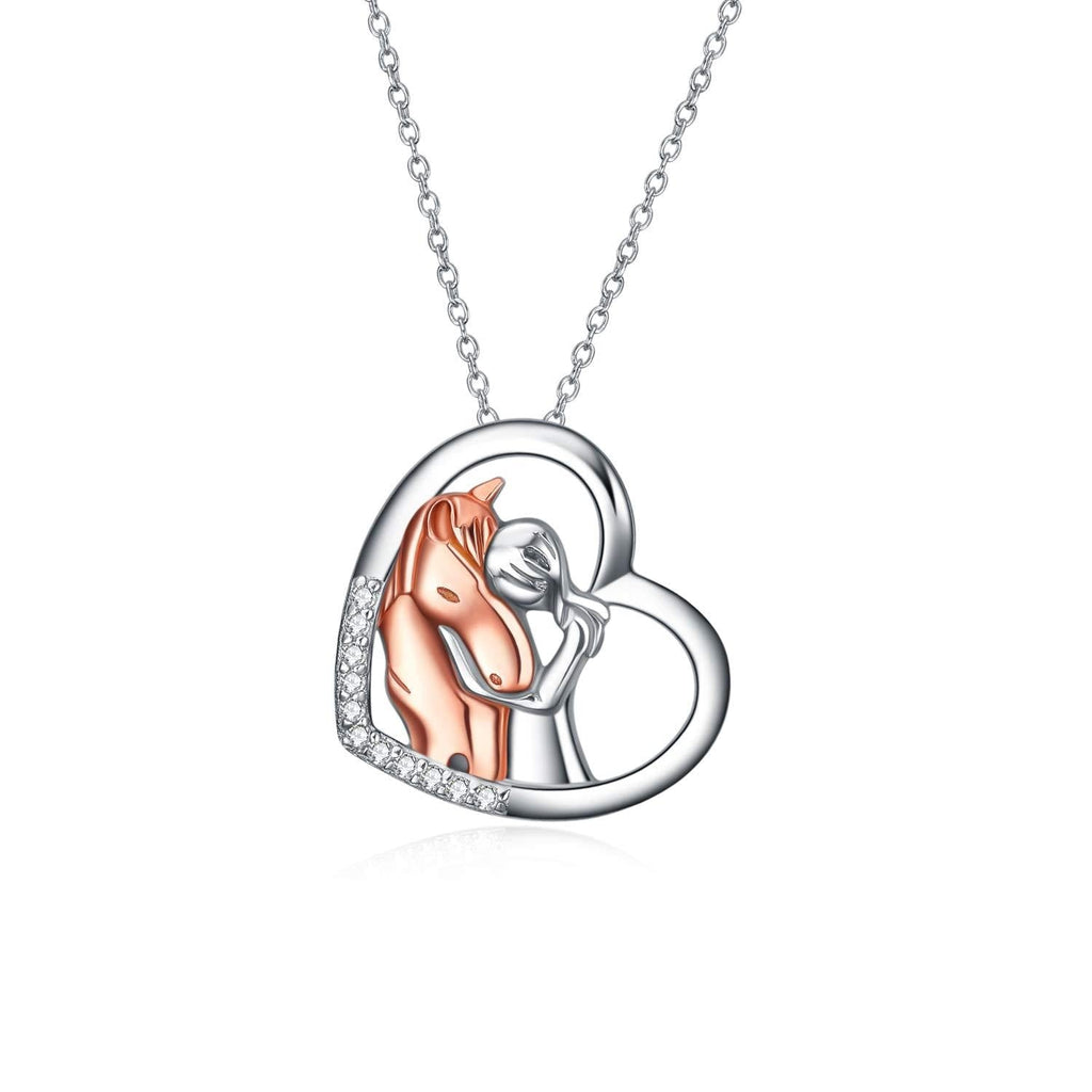[Australia] - YFN Sterling Silver Lovely Animal Heart Moon Pendant Necklace Jewelry Gift for Women Girls 18" A Horse with Girl Necklace 