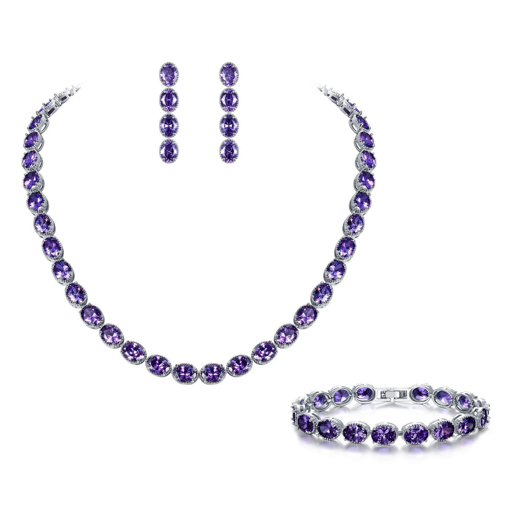 [Australia] - EVER FAITH Women's Bride Jewelry Set Oval Shaped CZ Wedding Necklace Earrings Bracelet Set Silver-Tone Purple 