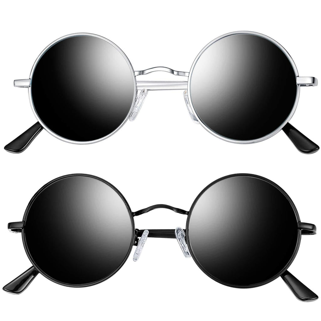 [Australia] - Joopin Polarized Lennon Round Sunglasses Women Men Circle Hippie Sun Glasses 2 Pack (Black+ Silver) as the pictures 