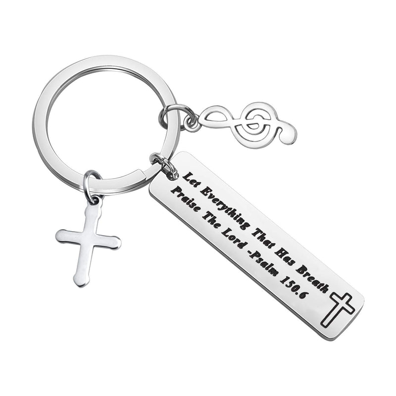 [Australia] - FEELMEM Music Lover Gift Let Everything That Has Breath Praise The Lord Bible Verse Keychain with Music Note Charm Cross Charm Musician's Prayer Jewelry Gift silver 