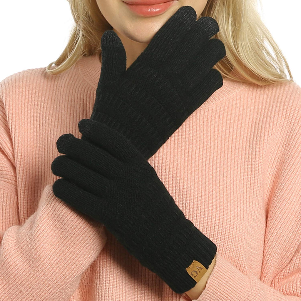 [Australia] - Womens Winter Touchscreen Gloves Cable Knit Warm Lined 3 Fingers Dual-layer Touch Screen Texting Mitten Glove for Women Black 1 