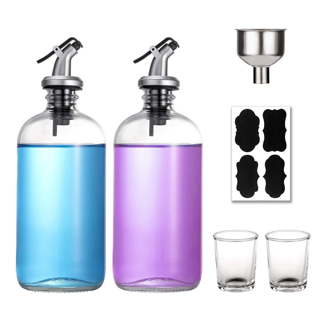 [Australia] - 16-Ounce Glass Mouthwash Dispenser - Clear Glass Bottle with Pour Spout, Shot Glass, Funnel and Labels, Refillable Boston Round Bottles - 2 Pack 