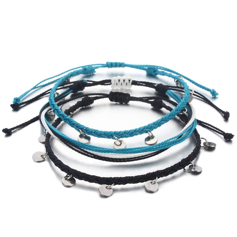 [Australia] - FANCY SHINY String Ankle Bracelets Waterproof Rope Anklets Braided Beach Boho Coin Anklets Cute Friendship Foot Jewelry for Women Teen Girls Black Blue Disc 