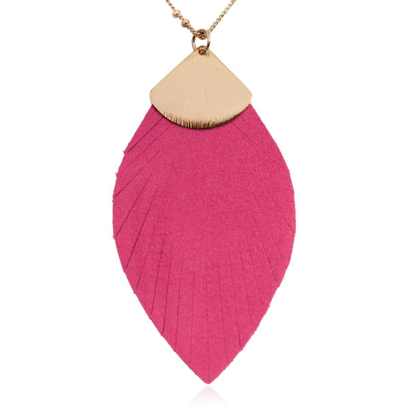 [Australia] - RIAH FASHION Bohemian Genuine Leather & Feather Fringe Tassel Pendant Statement Necklace - Long Chain Real Suede Leaf, Feather Charm Suede Feather - Hot Pink 