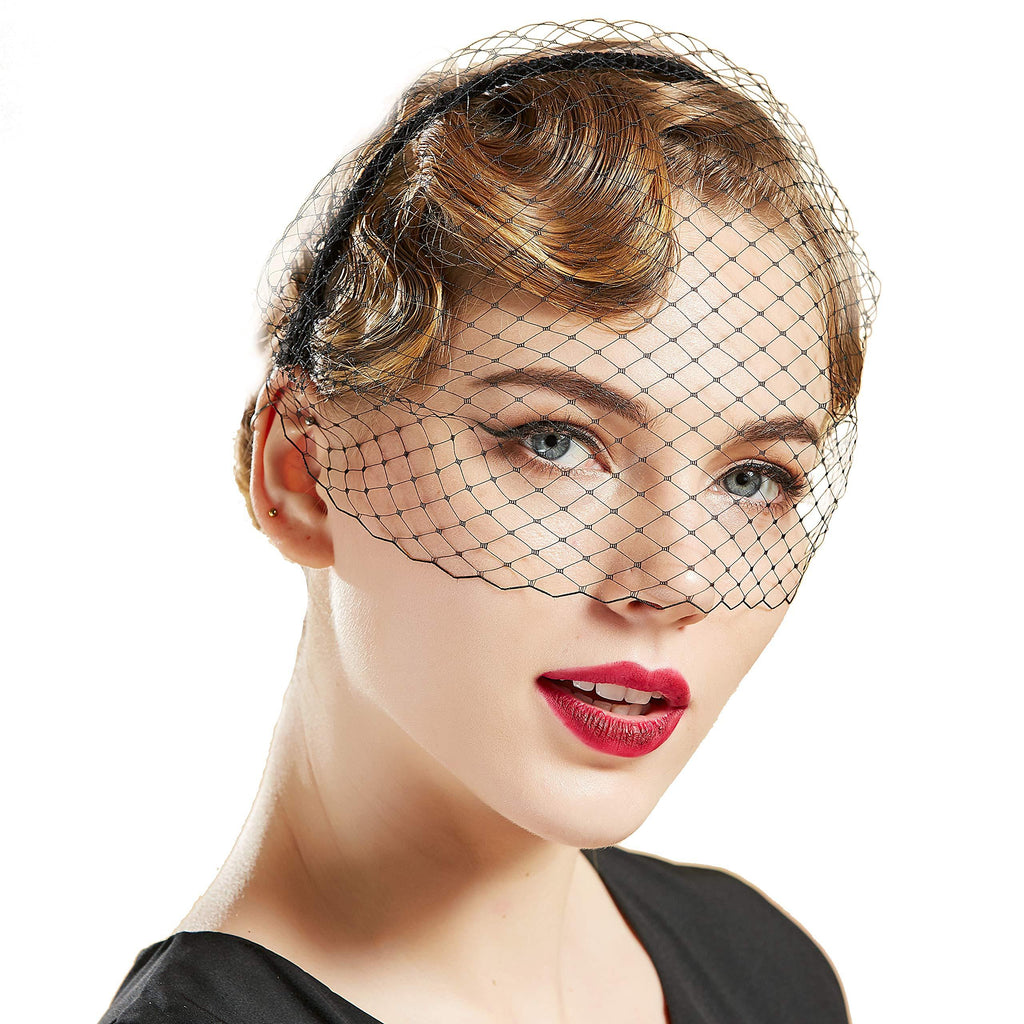 [Australia] - BABEYOND 1920s Flapper Fascinator Mesh Veil Headband Bridal Wedding Tea Party Fascinator Veil for Women Black 