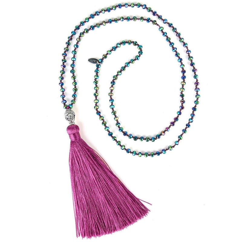 [Australia] - KELITCH Exclusive Crystal Beaded Necklace Luxury Silver Buddha Head Tassel Long Necklace Colorful J 