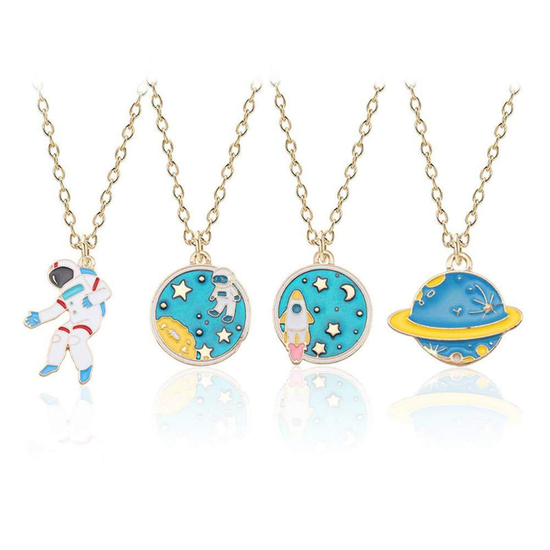 [Australia] - 4PCS One Set Blue White Astronaut Spaceman 18K Gold Plated Round Universe Rocket Charm Pendant Necklace 