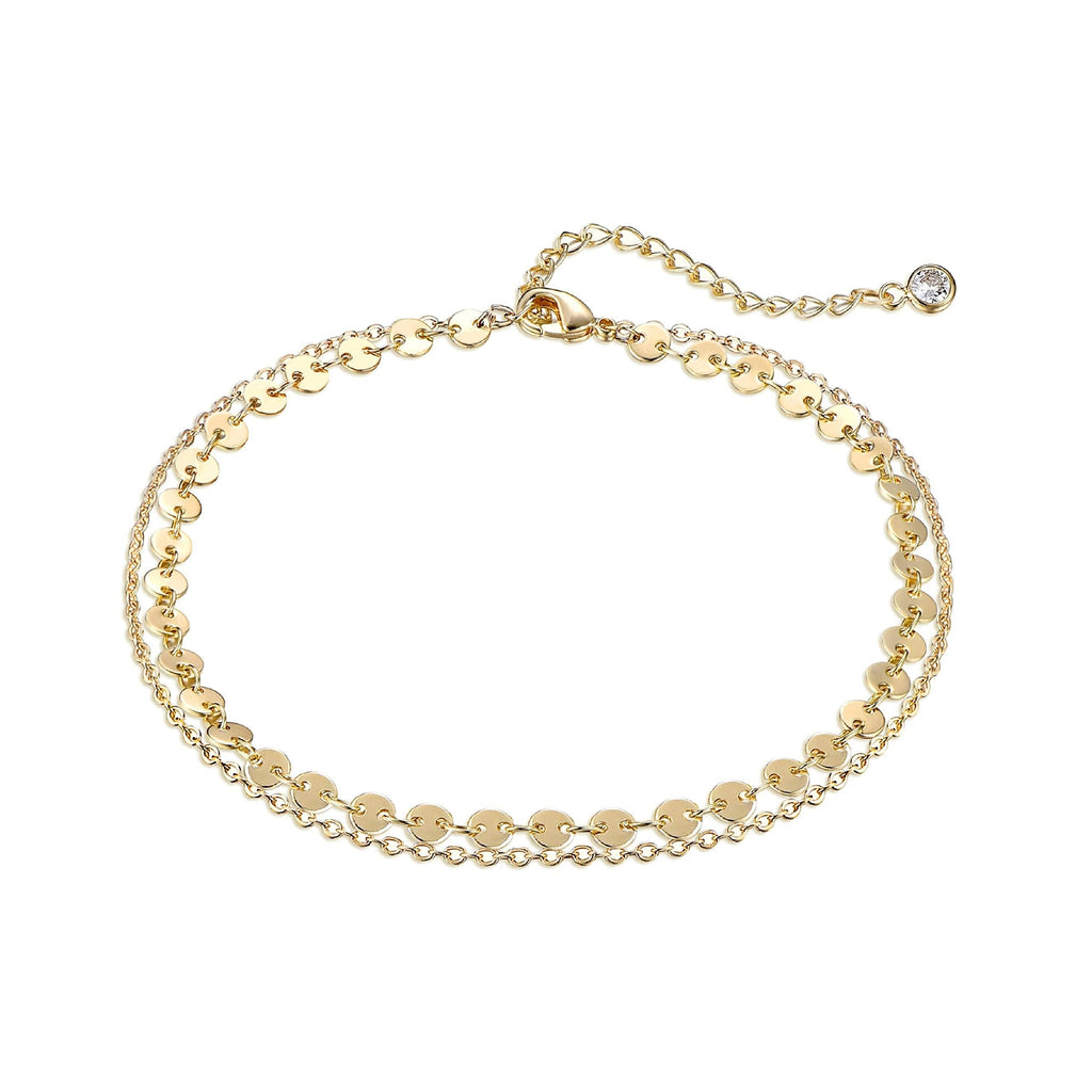 [Australia] - Women Dainty Anklet,14K Gold Plated Satellite Anklet Double Layered Cute Beads Chain Tassel Coin Disc Heart Summer Ankle Bracelet Boho Beach Foot Chain Layered Coin Gold 