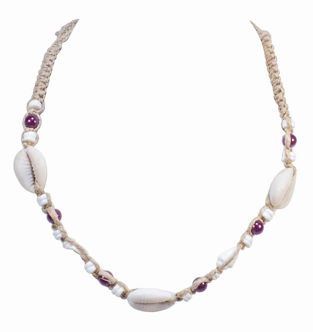 [Australia] - BlueRica Braided Hemp Cord Choker Necklace with Cowrie Shells, Puka Shells and Purple Glow Beads 