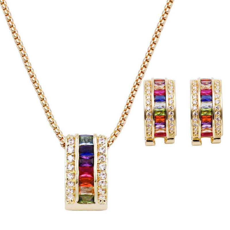 [Australia] - Lavencious Multicolor AAA CZ Necklace & Earrings Jewelry Set Trendy Cubic Zirconia Omega Clip Earring Cable Chain Gold Plated Multi Color Stone 