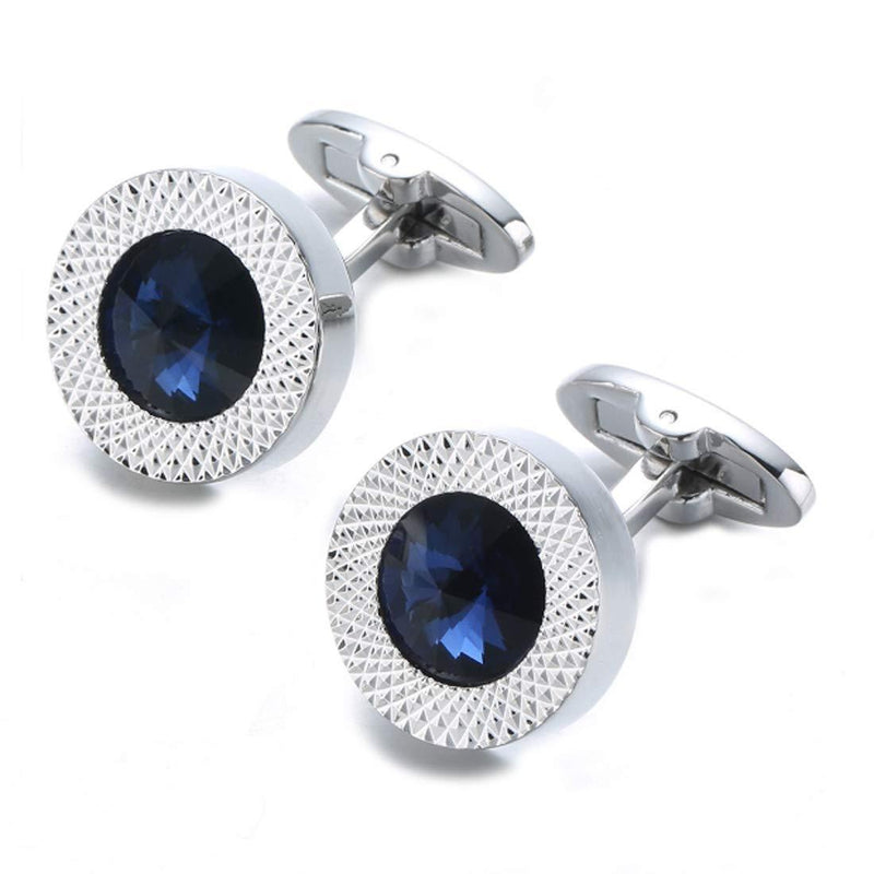 [Australia] - Round Sapphire Blue Crystal Cufflinks Blue Crystal Gem stone Cuff links Rhodium 
