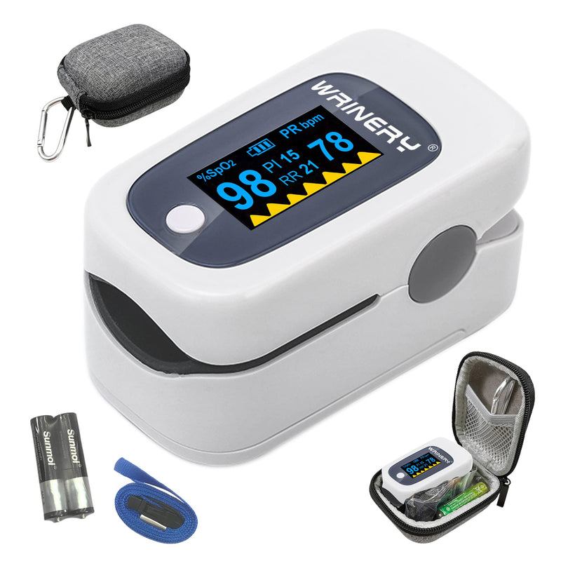 [Australia] - WRINERY Fingertip Pulse Oximeter, Oxygen Saturation Monitor, O2 Saturation Monitor, OLED Portable Oximetry with Batteries, Lanyard (Gray-White) 