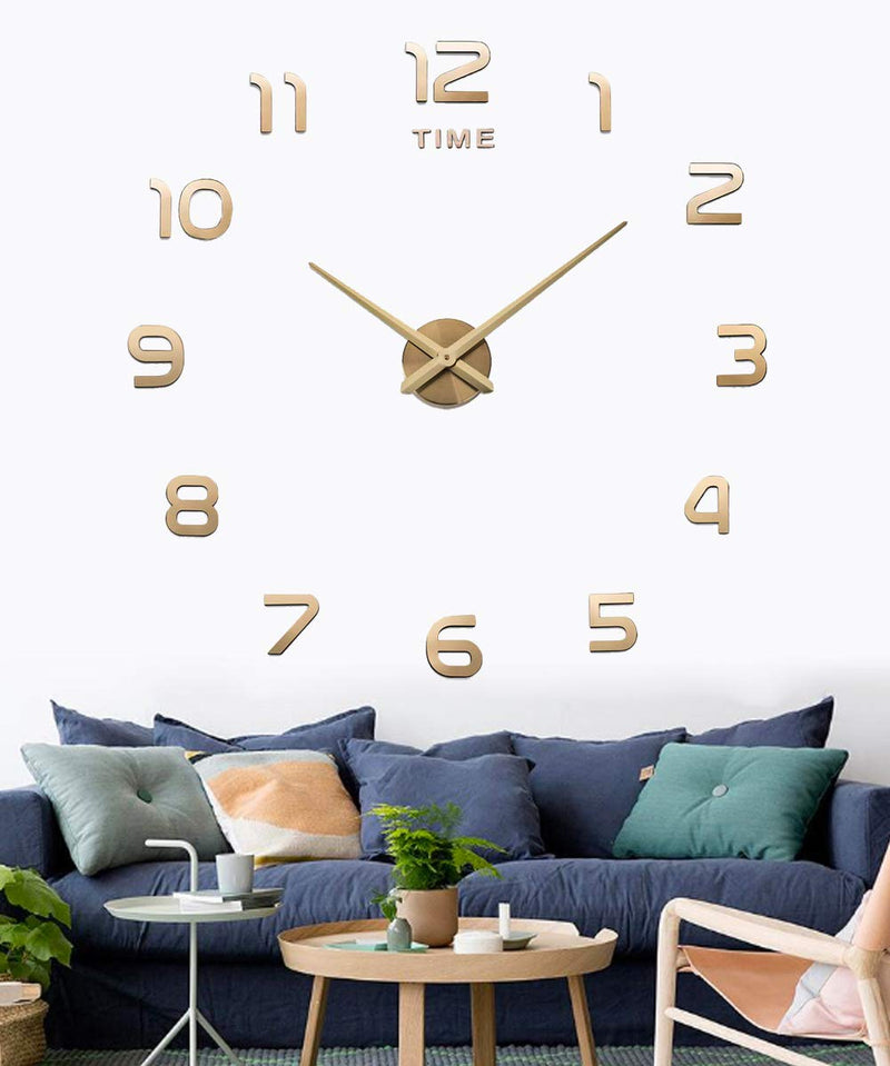 [Australia] - SIEMOO Large DIY Wall Clock, 3D Mirror Number Stickers Large Wall Clock Kit Mute Frameless Modern Design for Home Living Room Bedroom Office Decoration-Gold Gold 